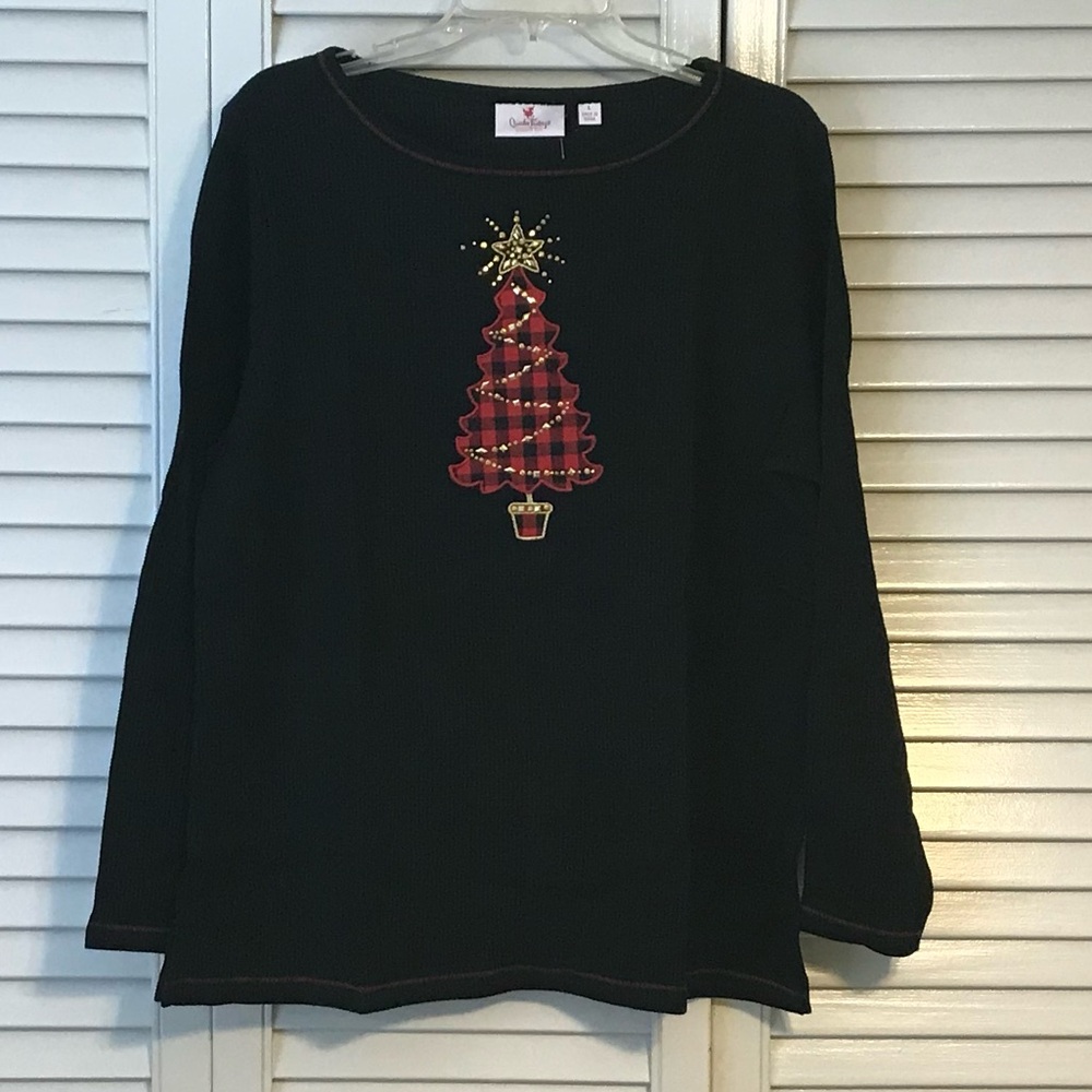 Quacker Factory Black Sweater with Christmas Tree Design